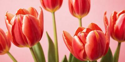 The primary subject of the image is a bouquet of red tulips. The setting is a pink background, which adds a contrasting color to the scene. The visual style is a close-up of the flowers, showcasing their details and beauty. The dominant colors are red and pink, creating a warm and vibrant atmosphere.