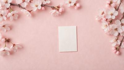 The primary subject of the image is a white card placed on a pink background. The card is positioned in the center of the scene, and the background features a pink surface with a few flowers scattered around. The visual style of the image is a combination of photo and digital art, creating a unique and eye-catching presentation. The colors and mood of the image are predominantly pink, which gives it a warm and inviting atmosphere.