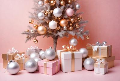 The primary subject of the image is a Christmas tree, which is adorned with ornaments and presents. The setting is a pink background, and the visual style appears to be a photo. The colors and mood of the image are festive and joyful, with the pink background adding a touch of warmth and cheerfulness to the scene.