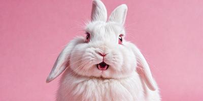 The primary subject of the image is a white rabbit with pink ears and whiskers. The rabbit is standing in front of a pink background, which creates a contrasting and visually appealing scene. The visual style of the image is a close-up of the rabbit, showcasing its features and expression. The colors and mood of the image are predominantly pink and white, giving it a soft and gentle atmosphere.