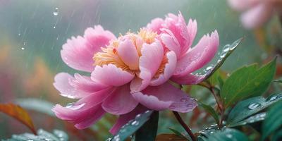 The primary subject of the image is a pink flower with a yellow center, sitting in a pink petal. The setting is a garden, with the flower being the main focus of the scene. The visual style is a close-up of the flower, showcasing its details. The colors and mood of the image are predominantly pink and soft, creating a serene and calming atmosphere.