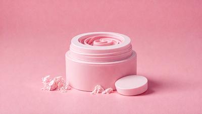 The primary subject of the image is a pink box with a white lid. The box is placed on a pink surface, which creates a visually appealing contrast. The setting appears to be a studio or a workspace, as there are cotton balls scattered around the box, possibly for use in crafting or art projects. The visual style of the image is a combination of photo and digital art, giving it a unique and creative appearance. The dominant colors in the image are pink and white, which contribute to a warm and