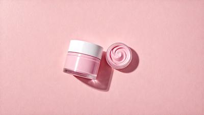The primary subject of the image is a pink lip balm, which is placed on a pink background. The lip balm is in a small container, and it appears to be a product for moisturizing and protecting the lips. The setting is a pink surface, which adds a touch of color and warmth to the scene. The visual style of the image is a close-up of the lip balm, highlighting its texture and design. The colors and mood of the image are predominantly pink