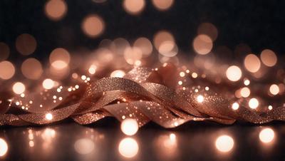 The primary subject of the image is a close-up of a gold ribbon with a pattern of lights on it. The ribbon is shiny and appears to be made of gold or a gold-like material. The setting is a dark background, which contrasts with the shiny ribbon and highlights its texture and pattern. The visual style of the image is a close-up, focusing on the details of the ribbon and its lights. The colors and mood of the image are warm and elegant, with the gold rib