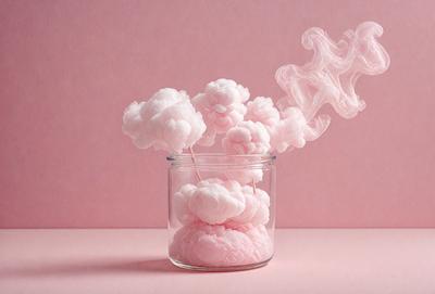 The primary subject of the image is a glass vase filled with cotton candy, which appears to be floating in the air. The setting is a pink background, and the visual style is a photo. The colors and mood of the image are predominantly pink, creating a warm and inviting atmosphere.
