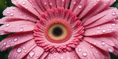The primary subject of the image is a pink flower with a yellow center, surrounded by water droplets. The setting is a close-up of the flower, showcasing its details. The visual style is a realistic representation of the flower, with the water droplets adding a touch of natural beauty to the scene. The colors and mood of the image are predominantly pink and yellow, creating a warm and inviting atmosphere.