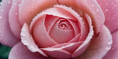 The primary subject of the image is a pink rose with droplets of water on it. The rose is the main focus of the image, and it is set against a backdrop of water droplets. The visual style of the image is a close-up of the rose, showcasing its details and texture. The colors in the image are predominantly pink, which gives the image a warm and romantic atmosphere.