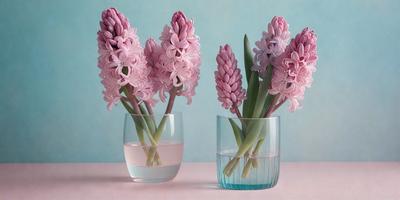 The primary subject of the image is a vase filled with purple flowers. The vase is placed on a table, and there are two other vases nearby, one of which is also filled with purple flowers. The setting appears to be a room with a blue background, giving the scene a calm and serene atmosphere. The visual style of the image is a photo, capturing the beauty of the flowers and the vases. The dominant colors in the image are purple and blue, creating a sense of tranquility and eleg