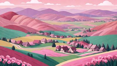 The primary subject of the image is a colorful, hand-drawn illustration of a small town situated in a valley. The town is surrounded by a beautiful, pink-colored landscape, which adds a sense of warmth and tranquility to the scene. The visual style of the image is reminiscent of a children's book or a whimsical painting, with the use of vibrant colors and a charming, artistic approach. The overall atmosphere of the image is one of peace and harmony