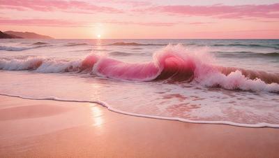 The primary subject of the image is a large wave crashing onto the beach. The setting is a sandy beach with the ocean in the background. The visual style is a photo of the beach with the wave in motion. The dominant colors are pink and orange, creating a warm and vibrant atmosphere.