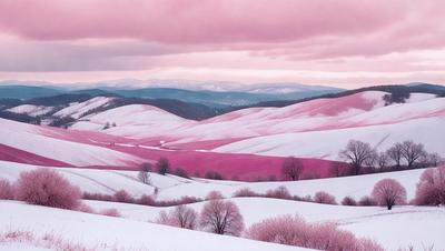 The primary subject of the image is a beautiful, snow-covered mountain range with pinkish hues. The setting is a vast, snowy landscape with a mountain range in the background. The visual style is a combination of a photo and digital art, creating a unique and captivating scene. The dominant colors are pink and white, giving the image a serene and peaceful atmosphere.