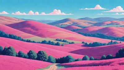 The primary subject of the image is a beautifully drawn landscape featuring a pink mountain range with a road running through it. The setting is a vibrant, colorful, and artistic representation of a mountainous area. The visual style is a combination of digital art and illustration, creating a captivating and unique scene. The colors and mood of the image are predominantly pink, which adds a sense of warmth and tranquility to the landscape.
