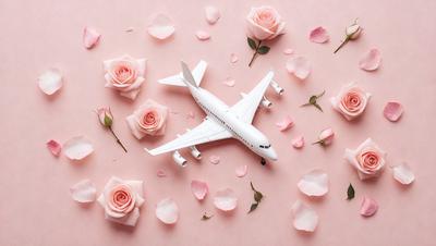 The primary subject of the image is a white airplane, which is the main object in the scene. The airplane is positioned on a pink surface, which serves as the background. The visual style of the image is a combination of photo and digital art, creating a unique and eye-catching scene. The colors in the image are predominantly pink, which gives the scene a warm and inviting atmosphere.