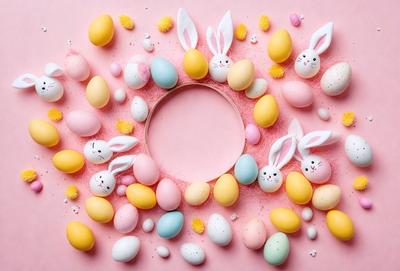 The primary subject of the image is a decorative arrangement of eggs and bunnies. The eggs are in various colors, and the bunnies are made of candy. The setting is a pink surface, which adds a warm and inviting atmosphere to the scene. The visual style is a combination of photo and digital art, creating a unique and eye-catching display. The colors and mood of the image are vibrant and cheerful, making it an appealing and delightful sight.