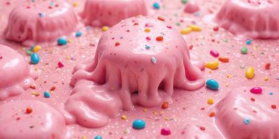 The primary subject of the image is a large, pink, frosting-covered cake with a hole in the center. The cake is placed on a surface covered with colorful sprinkles, adding a vibrant and festive touch to the scene. The visual style of the image is a close-up of the cake, showcasing its details and texture. The colors and mood of the image are predominantly pink and cheerful, creating a sense of celebration and indulgence.