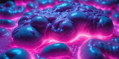The primary subject of the image is a purple, pink, and blue blob, which appears to be a digital art or illustration. The blob is situated on a pink surface, creating a vibrant and colorful scene. The visual style of the image suggests that it is a creative and artistic representation, rather than a photo or a real-life object. The dominant colors of the image are purple, pink, and blue, which contribute to a lively and energetic atmosphere.