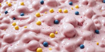 The primary subject of the image is a close-up of a pink and white dessert, which appears to be a frosting or a cake. The dessert is covered in a variety of colorful sprinkles, adding a vibrant and playful touch to the presentation. The setting is a table, and the visual style is a close-up, showcasing the details of the dessert. The colors and mood of the image are predominantly pink and white, with the sprinkles adding