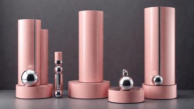 The primary subject of the image is a collection of pink and silver objects, which include a vase, a candle, and a small sculpture. The setting is a table, and the visual style appears to be a combination of photo and digital art. The colors and mood of the image are predominantly pink and silver, creating a sense of elegance and sophistication.