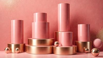 The primary subject of the image is a group of three pink cakes, each with a gold base. They are placed on a pink surface, which serves as the setting and background. The visual style of the image is a photo, capturing the cakes and their gold bases in detail. The colors and mood of the image are predominantly pink, creating a warm and inviting atmosphere.