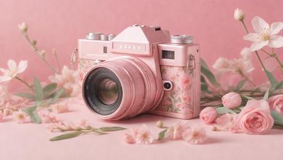 The primary subject of the image is a pink camera with a floral pattern. The camera is placed on a pink surface, which adds to the overall color scheme of the image. The setting appears to be a studio or a carefully arranged environment, as the camera is the main focus of the image. The visual style is a combination of photography and digital art, creating a unique and eye-catching design. The colors and mood of the image are predominantly pink, which gives it a warm and inviting atmosphere.