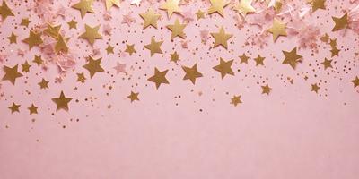The primary subject of the image is a pink background with gold stars scattered across it. The setting appears to be a creative or artistic environment, possibly for a children's party or a decorative display. The visual style is a combination of digital art and illustration, creating a unique and eye-catching design. The colors and mood of the image are predominantly pink and gold, giving it a warm and inviting atmosphere.