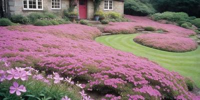 The primary subject of the image is a beautiful garden with a variety of flowers and plants. The garden is situated in front of a house, and the setting includes a grassy area with a pink flower field. The visual style of the image is a photo, capturing the vibrant colors and details of the garden. The colors and mood of the image are predominantly pink, creating a serene and inviting atmosphere.