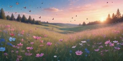 The primary subject of the image is a field filled with flowers, creating a beautiful and vibrant scene. The setting is a grassy hillside, with a sunset in the background, adding a warm and serene atmosphere to the image. The visual style is a combination of photo and digital art, resulting in a realistic yet artistic representation of the flowers and the landscape. The colors and mood of the image are predominantly pink and pastel, evoking feelings of happiness and tranquility.