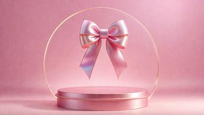 The primary subject of the image is a pink bow, which is placed on a pink surface. The setting appears to be a pink background, creating a visually appealing and cohesive scene. The visual style of the image is a combination of photo and digital art, as it features a close-up of the pink bow with a slightly blurred background. The colors and mood of the image are predominantly pink, creating a warm and inviting atmosphere.