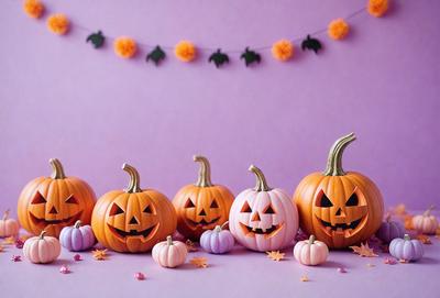 The primary subject of the image is a group of pumpkins, which are the main objects in the scene. They are arranged on a table, with some of them placed on a purple surface. The setting appears to be a festive or decorative environment, possibly for Halloween or autumn celebrations. The visual style of the image is a combination of photo and digital art, creating a vibrant and colorful display. The dominant colors in the image are purple, orange, and yellow, which contribute to the overall
