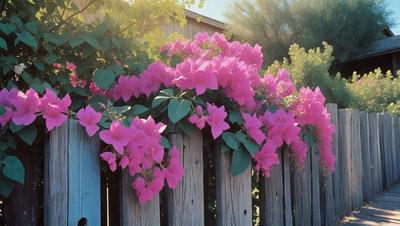 The primary subject of the image is a beautiful pink flower bush with lots of pink flowers. The setting is a wooden fence, and the visual style is a photo. The colors and mood of the image are predominantly pink, creating a warm and inviting atmosphere.