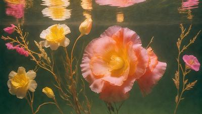 The primary subject of the image is a beautiful pink flower floating in a body of water. The setting is a calm and serene environment, with the water reflecting the flower's beauty. The visual style is a close-up of the flower, showcasing its details and colors. The dominant colors are pink and yellow, creating a warm and inviting atmosphere.