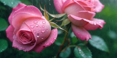 The primary subject of the image is a pink rose with water droplets on it. The rose is located in a garden setting, surrounded by greenery. The visual style of the image is a photo, capturing the beauty of the rose in its natural environment. The dominant colors in the image are pink and green, creating a serene and calming atmosphere.