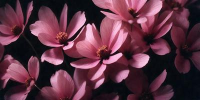 The primary subject of the image is a group of pink flowers. The setting is a dark background, which creates a dramatic contrast with the flowers. The visual style is a close-up of the flowers, showcasing their details and beauty. The colors and mood of the image are predominantly pink, creating a warm and inviting atmosphere.