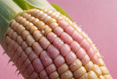 The primary subject of the image is a close-up of a corn cob, showcasing its texture and details. The corn cob is placed on a pink surface, which adds a vibrant and warm atmosphere to the scene. The visual style of the image is a close-up, which emphasizes the corn cob's texture and intricate details. The colors in the image are predominantly pink, which creates a soft and inviting mood.