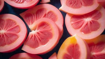 The primary subject of the image is a close-up of a slice of blood orange, which is the main object in the scene. The setting is a table, and the visual style is a photo. The dominant colors in the image are red and orange, creating a vibrant and fresh atmosphere.