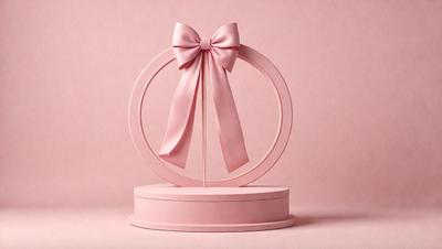 The primary subject of the image is a pink bow, which is placed on top of a pink pedestal. The setting is a pink background, which creates a warm and inviting atmosphere. The visual style is a combination of photo and digital art, giving the image a unique and creative appearance. The colors and mood of the image are predominantly pink, which adds a sense of femininity and elegance to the scene.