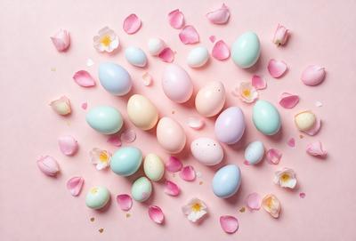 The primary subject of the image is a collection of eggs, which are arranged on a pink surface. The setting is a table, and the visual style is a close-up of the eggs. The colors and mood of the image are predominantly pink, creating a warm and inviting atmosphere.