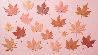 The primary subject of the image is a collection of autumn leaves, which are displayed on a pink background. The leaves are arranged in various positions, creating a visually appealing and artistic display. The setting is a pink surface, which serves as the background for the leaves. The visual style of the image is a combination of photo and digital art, as it captures the beauty of the autumn leaves in a creative and eye-catching manner. The colors and mood of the image are predominantly warm and