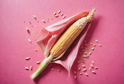 The primary subject of the image is a corn on the cob, which is prominently displayed in the foreground. The setting is a pink surface, which adds a vibrant and warm atmosphere to the scene. The visual style is a close-up of the corn on the cob, showcasing its details and texture. The colors and mood of the image are predominantly pink, creating a sense of freshness and natural beauty.