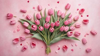 The primary subject of the image is a bouquet of pink tulips. The setting is a pink background, which adds a warm and romantic atmosphere to the scene. The visual style is a close-up of the tulips, showcasing their beauty and details. The colors and mood of the image are predominantly pink, creating a sense of love and affection.