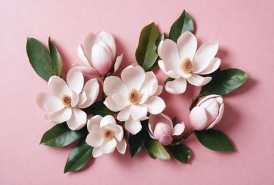 The primary subject of the image is a bouquet of white flowers, which are arranged in a visually appealing manner. The flowers are placed on a pink background, which adds a touch of color to the scene. The visual style of the image is a close-up of the flowers, showcasing their details and beauty. The colors and mood of the image are predominantly white and pink, creating a sense of freshness and elegance.