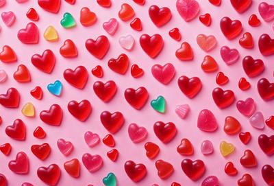 The primary subject of the image is a large number of hearts, which are arranged in various patterns and colors. The hearts are primarily red, but they also come in other colors such as green and yellow. The hearts are displayed on a pink background, which adds to the overall mood of the image. The visual style of the image is a combination of photo and digital art, creating a vibrant and eye-catching display.