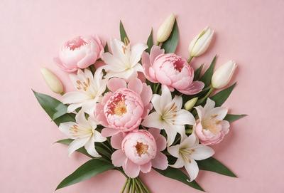 The primary subject of the image is a bouquet of pink and white flowers. The flowers are arranged in a vase, creating a beautiful and elegant display. The setting is a pink background, which adds a touch of warmth and softness to the scene. The visual style is a close-up of the flowers, allowing the viewer to appreciate the details and beauty of the bouquet. The colors and mood of the image are predominantly pink and white, evoking a sense of love, warmth, and
