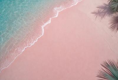 The primary subject of the image is a beach scene with a pink sandy shore. The setting is a beach with a body of water in the background. The visual style is a photo of the beach, capturing the natural beauty of the pink sand and the water. The colors and mood of the image are predominantly pink, creating a warm and inviting atmosphere.
