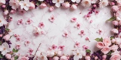 The primary subject of the image is a white marble table with a beautiful arrangement of pink flowers. The flowers are scattered across the table, creating a visually appealing and elegant display. The setting is a white marble table, which serves as the perfect backdrop for the delicate pink flowers. The visual style of the image is a close-up of the flowers on the table, showcasing the intricate details of the petals and stems. The colors and mood of the image are predominantly pink