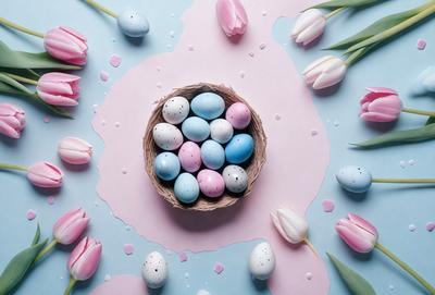The primary subject of the image is a woven basket filled with eggs and tulips. The basket is placed on a pink surface, which adds a touch of color to the scene. The eggs are of various colors, including blue, pink, and white, creating a visually appealing display. The tulips surrounding the basket add a natural and vibrant touch to the overall composition. The visual style of the image is a combination of photo and digital art, creating a realistic yet artistic representation of the scene.