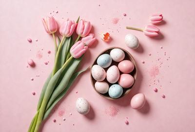The primary subject of the image is a bouquet of pink tulips, which are the main focus of the scene. The setting is a pink background, which adds to the overall mood of the image. The visual style is a photo, capturing the beauty of the flowers and their surroundings. The colors and mood of the image are predominantly pink, creating a warm and inviting atmosphere.