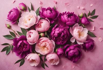The primary subject of the image is a bouquet of purple flowers. The flowers are arranged in a pink background, creating a visually appealing contrast. The setting appears to be a studio or a controlled environment, as the flowers are neatly placed and the background is consistent. The visual style of the image is a close-up of the flowers, showcasing their details and beauty. The dominant colors in the image are purple and pink, creating a serene and elegant atmosphere.