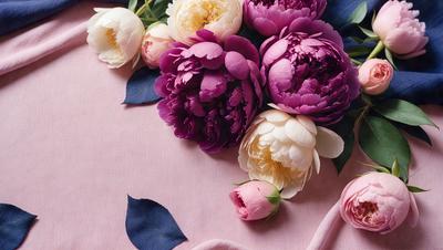 The primary subject of the image is a bouquet of flowers, which are arranged on a pink surface. The flowers are of various colors, including purple, pink, and white. The setting appears to be a studio or a controlled environment, as the flowers are neatly arranged and the background is pink. The visual style of the image is a close-up of the flowers, showcasing their details and beauty. The colors and mood of the image are vibrant and cheerful, with the pink background adding