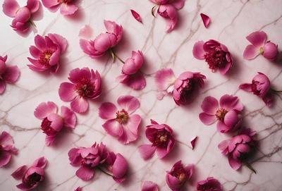 The primary subject of the image is a close-up of a pink flower. The setting is a marble surface, which serves as the background. The visual style is a photo, capturing the beauty of the flower in detail. The dominant colors are pink, which gives the image a warm and romantic atmosphere.